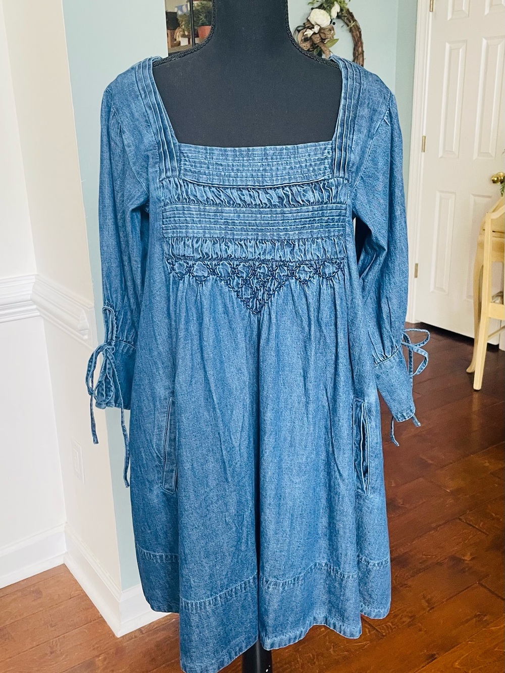 Free People Denim Smocked Square-Neck Dress in Blue
